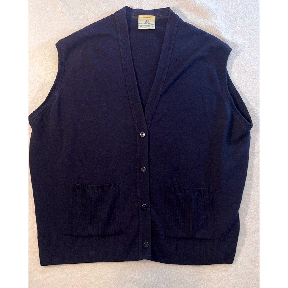 House of Fraser Vintage Lambswool Cardigan Vest Navy Blue Made in UK Size 22